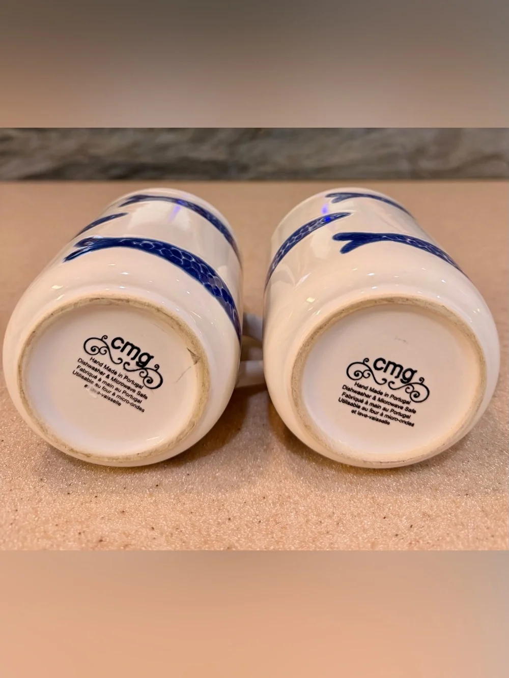 Blue Fish Ceramic Coffee Mugs Tea Cups White & Blue CMG Portugal Tall - Set of 2